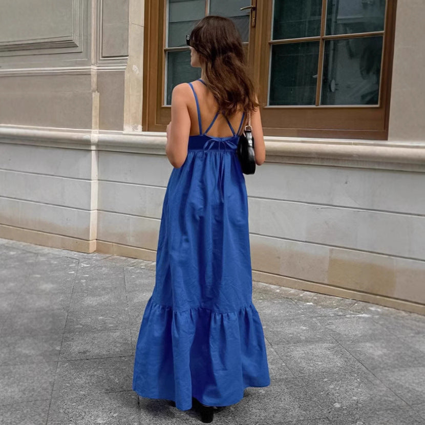 Robe longue femme – Coton lin – Sans manches – Coupe évasée – Col en V