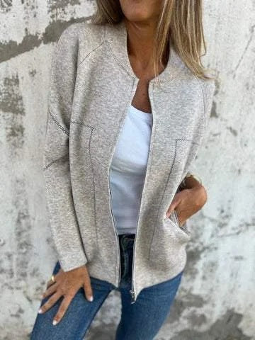 Veste tricotée femme – Laine – Coupe décontractée – Fermeture zippée – Poches latérales