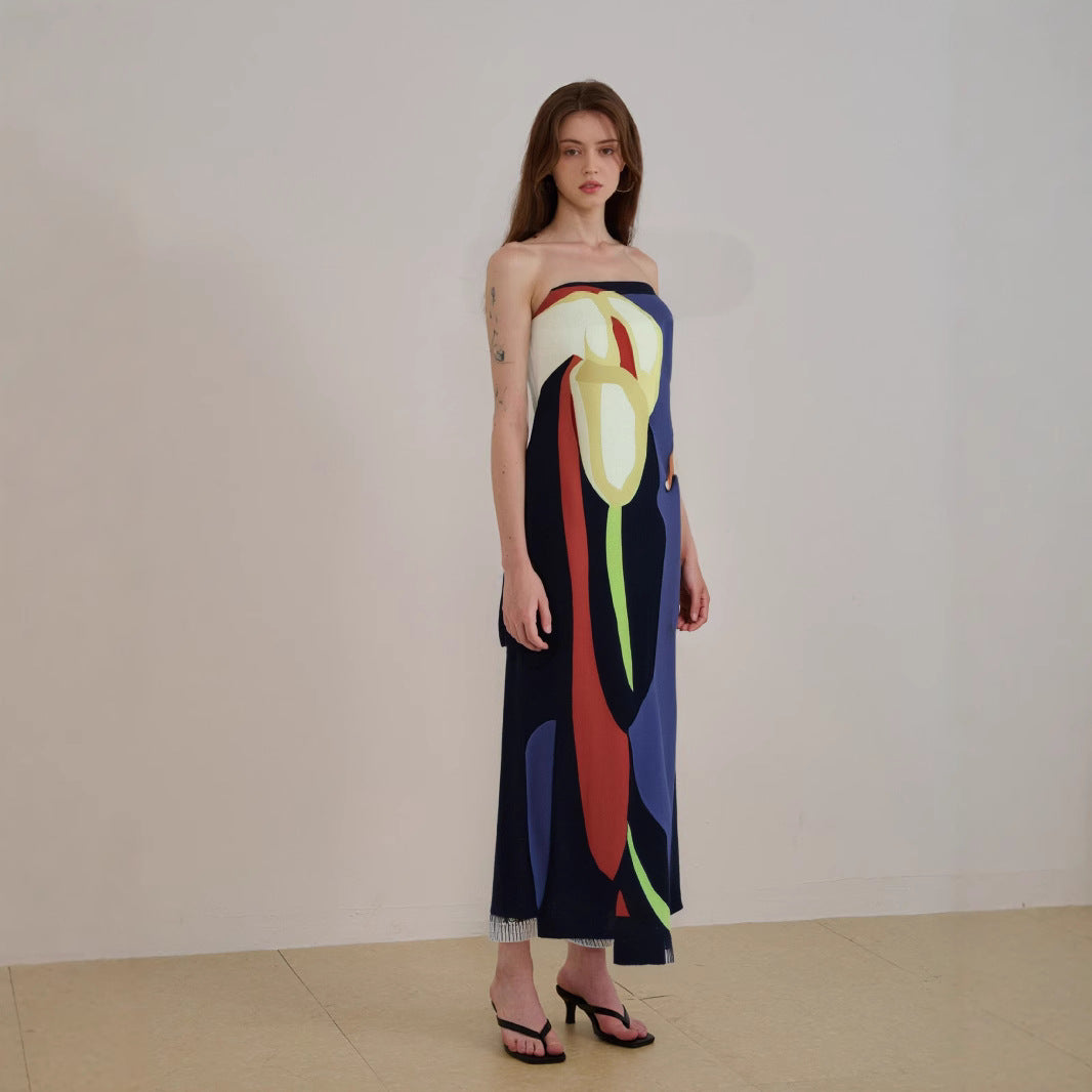 Robe midi femme – Sans bretelles – Coupe fluide – Tissu léger imprimé abstrait