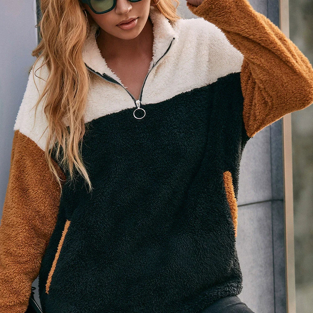 Sweat-shirt femme – Coupe oversize – Tissu duveteux – Demi-zip – Design patchwork
