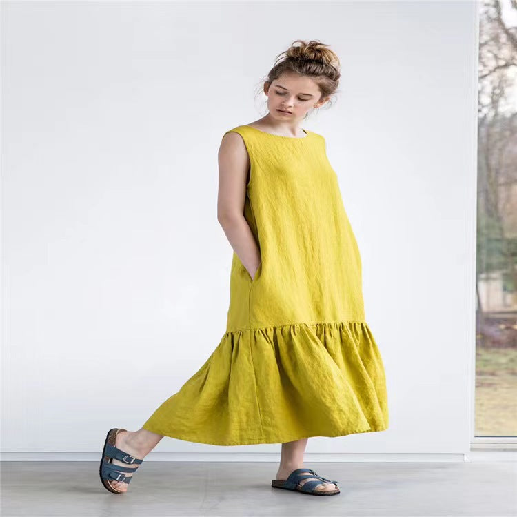 Robe midi femme sans manches – Coupe ample – Mélange de lin – Ourlet volanté