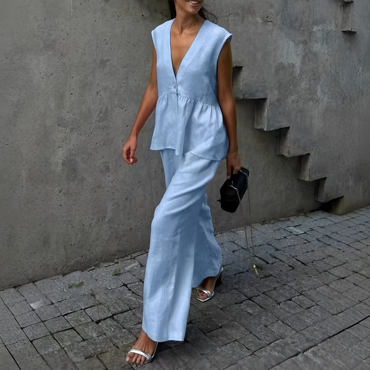 Ensemble deux pièces femme – Haut péplum sans manches col V – Pantalon fluide long