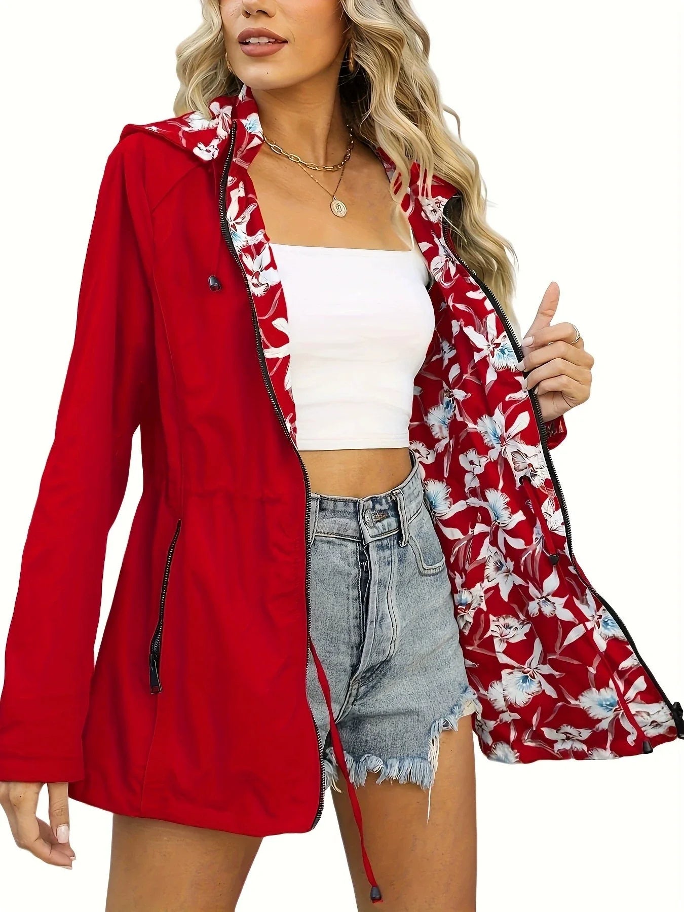 Veste coupe-vent femme – Coupe slim – Imperméable – Capuche – Doublure fleurie