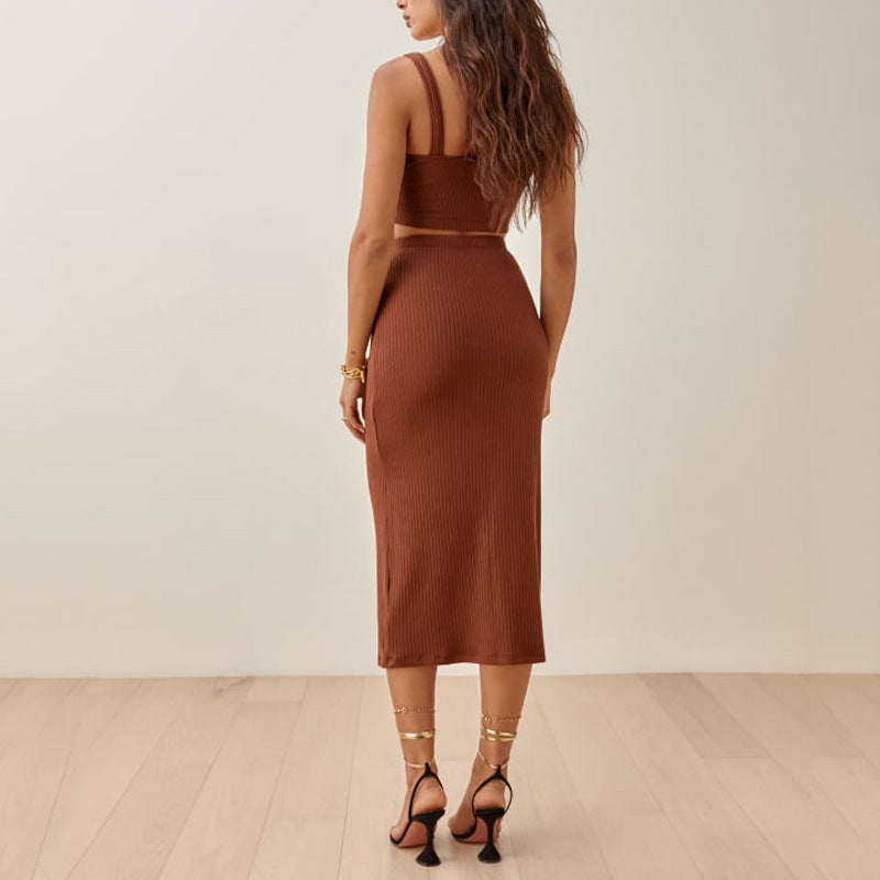 Ensemble femme – Top court en maille côtelée et jupe midi taille haute – Coupe slim