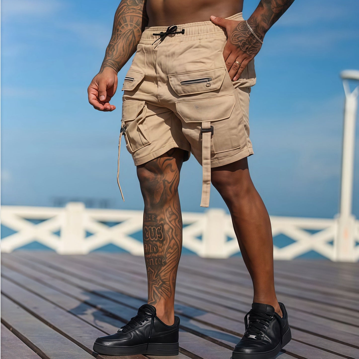 Short cargo homme – Coupe regular – Tissu respirant – Ceinture élastique – Multi-poches
