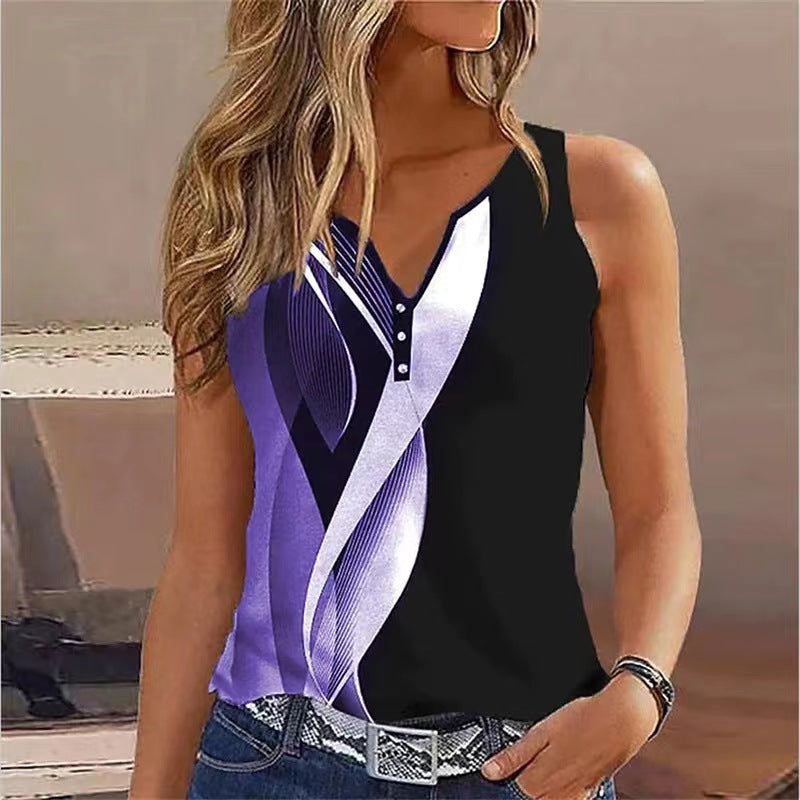 Top sans manches femme – Col V – Coupe fluide – Boutons décoratifs – Imprimé moderne