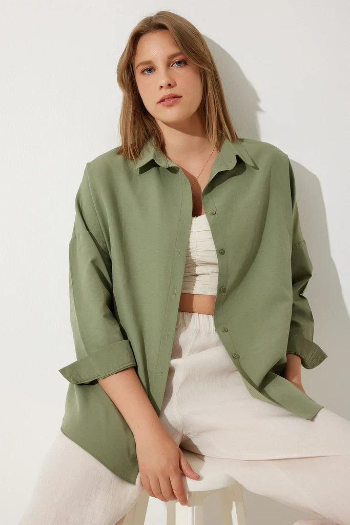 Blouse femme oversize – Coton doux – Manches longues – Boutonnée – Col classique