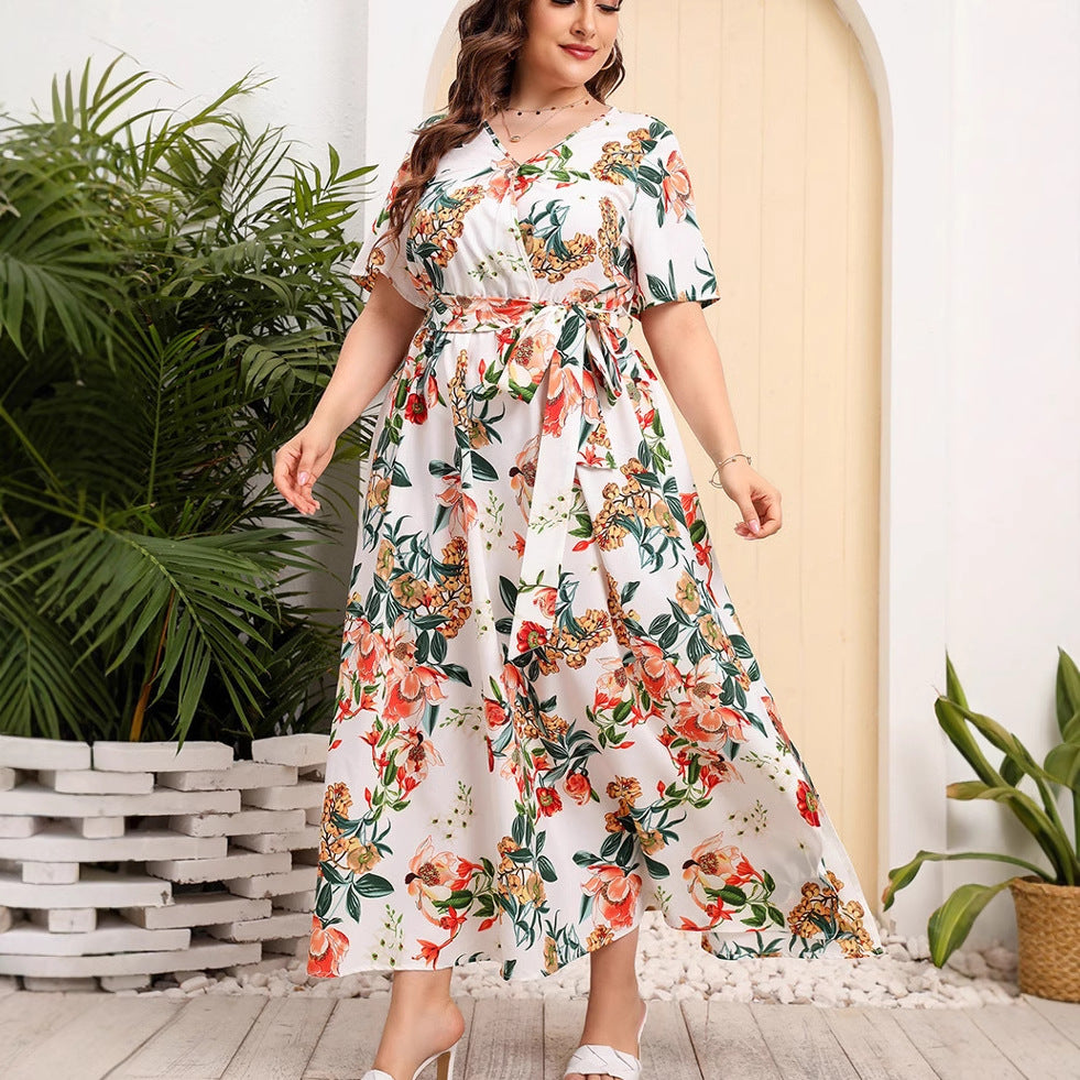 Robe midi femme – Coupe évasée – Col en V – Manches courtes – Imprimé fleuri – Ceinture