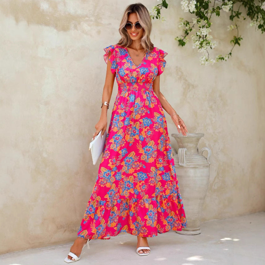 Robe longue femme – Sans manches – Imprimé floral – Col en V – Coupe fluide coton