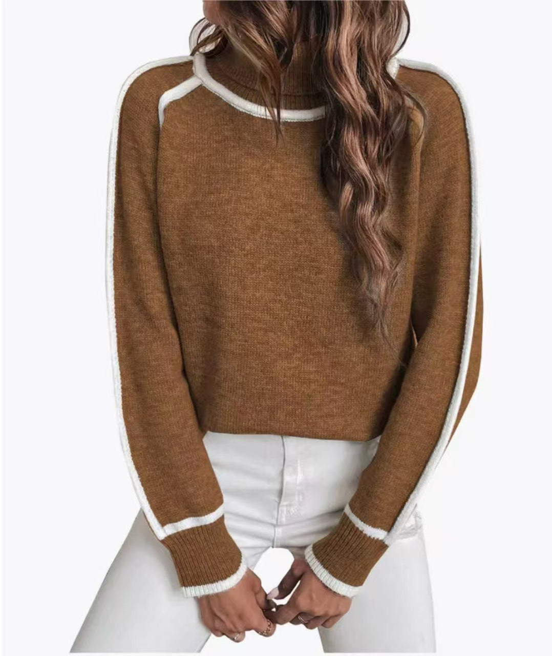 Sweat-shirt femme – Coupe ample – Col montant – Manches à rayures contrastées