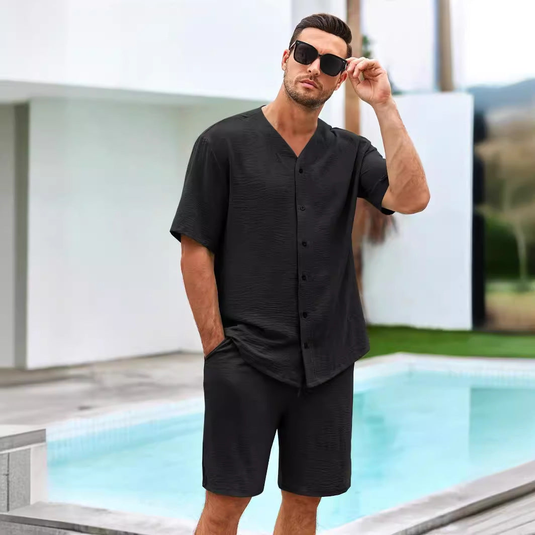 Ensemble deux pièces homme – Coton respirant – Chemise col V boutonnée – Coupe décontractée