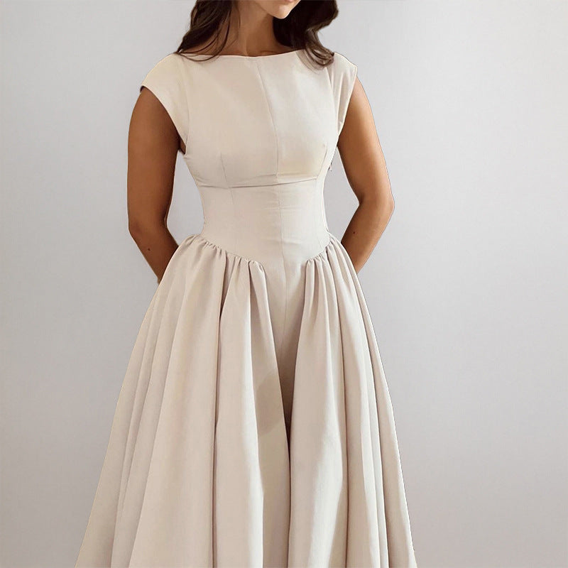 Robe femme sans manches – Taille cintrée – Coupe évasée – Longueur midi élégante