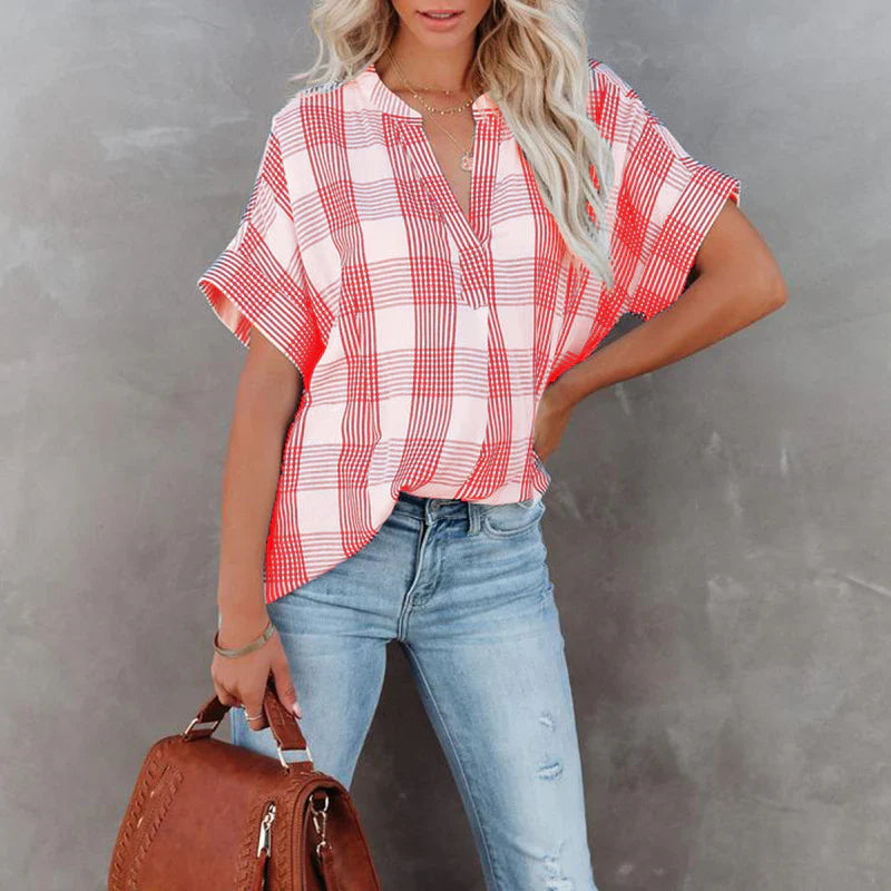 Blouse femme – Coupe décontractée – Motif à carreaux – Manches courtes – Coton respirant