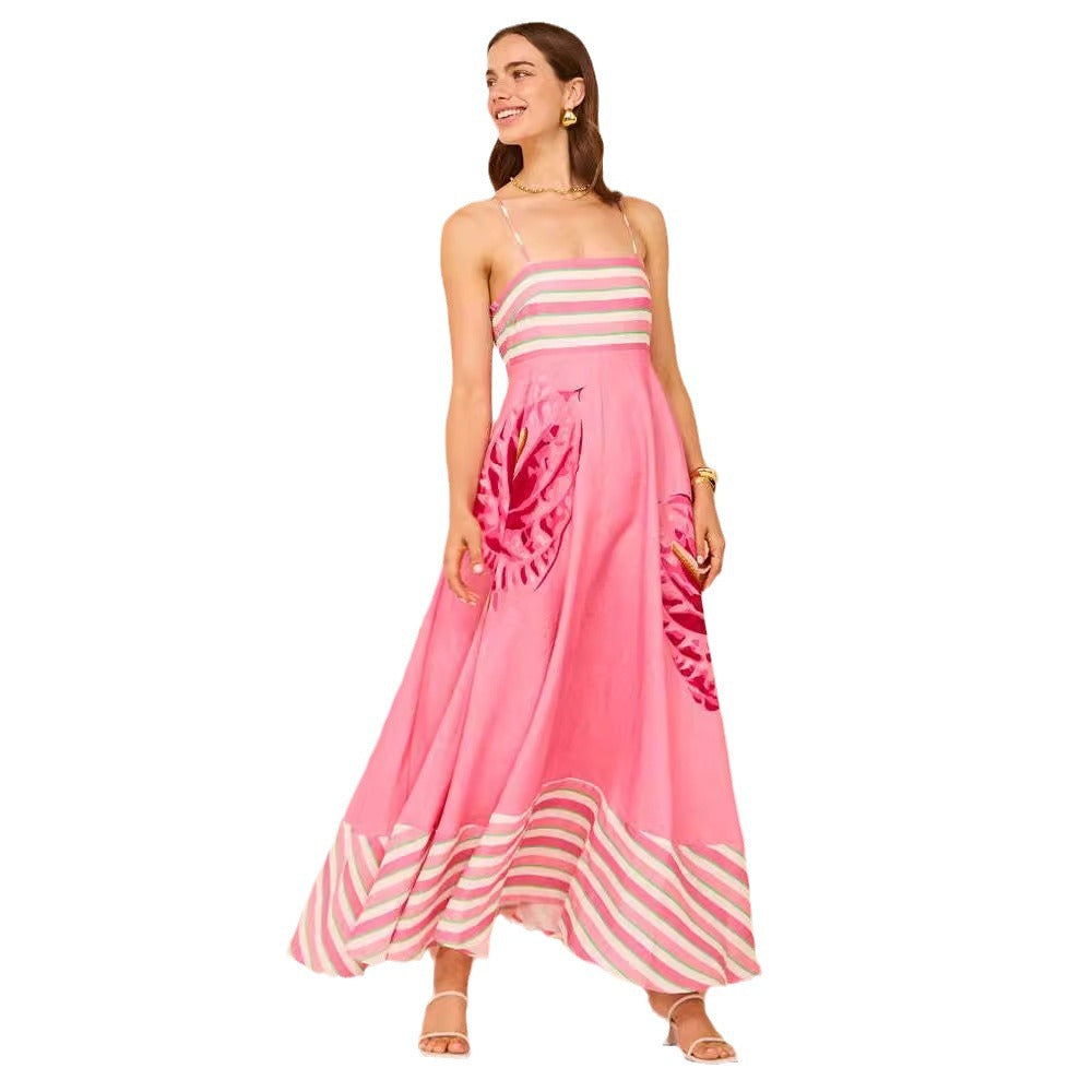 Robe midi femme – Bretelles fines – Corsage smocké – Coupe évasée fluide