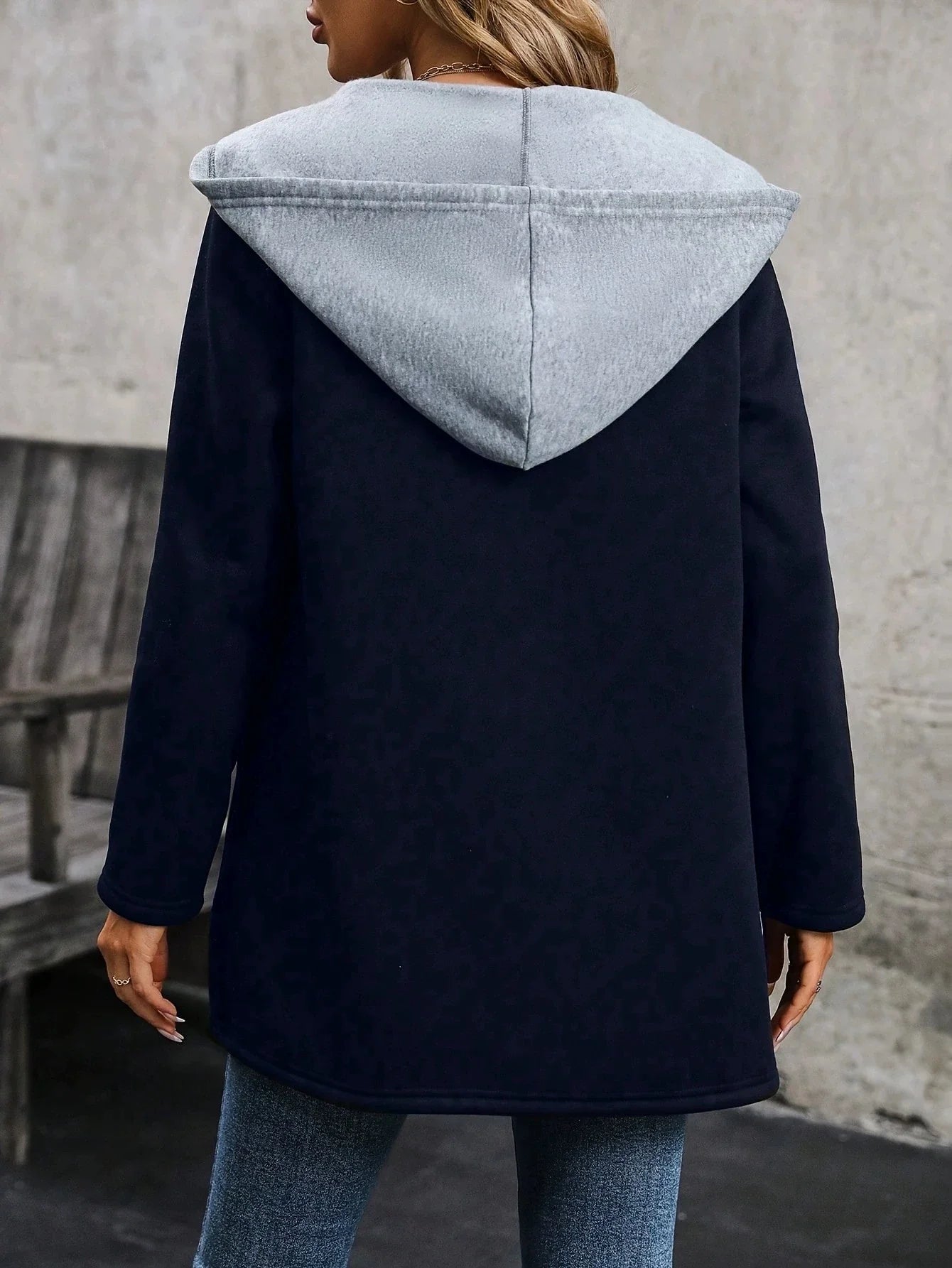 Veste longue femme – Coton – Coupe décontractée – Capuche à cordon – Poches frontales