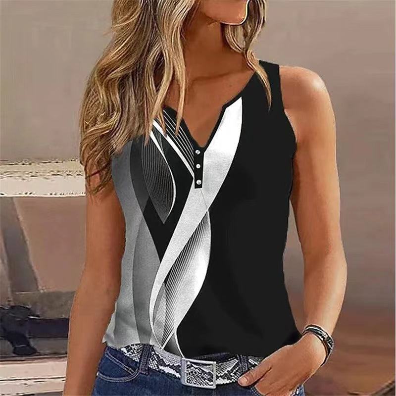 Top sans manches femme – Col V – Coupe fluide – Boutons décoratifs – Imprimé moderne