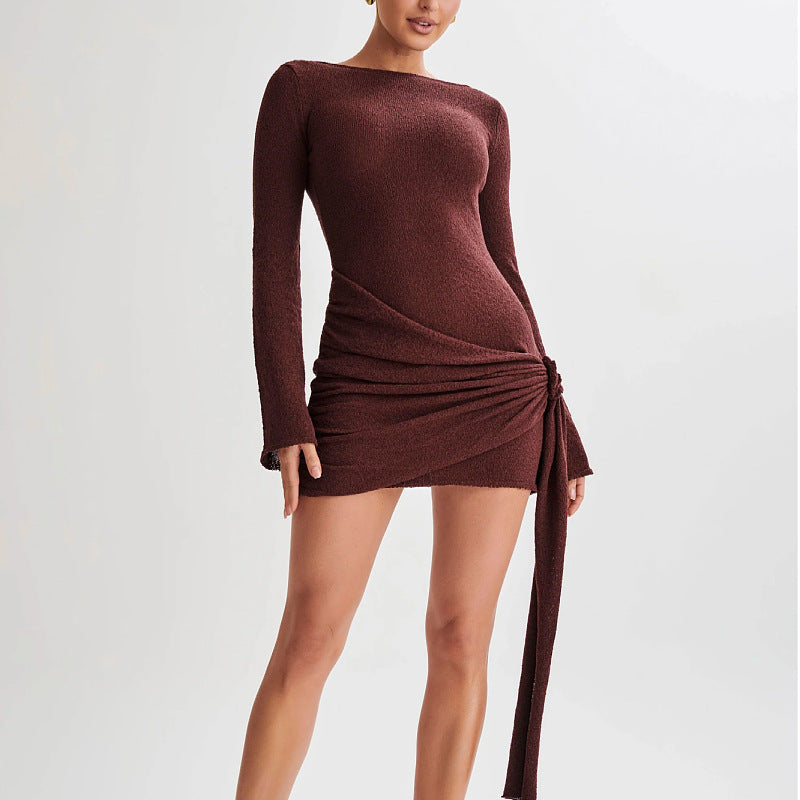 Robe Femme Mini – Coupe Slim – Maille Texturée – Manches Longues – Fronces Ajustables