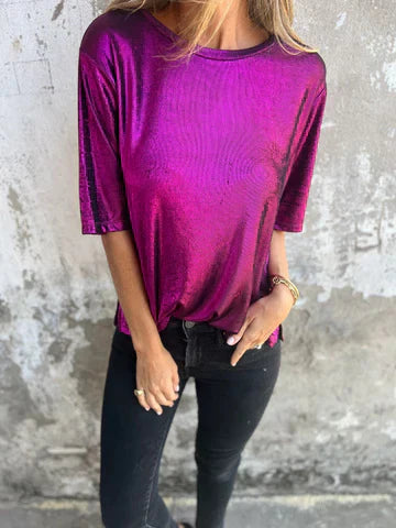 Blouse femme – Coupe fluide – Tissu léger brillant – Manches courtes – Style drapé