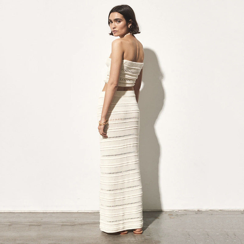 Ensemble Deux Pièces Femme – Crochet Respirant – Bandeau Twist – Jupe Midi Taille Haute