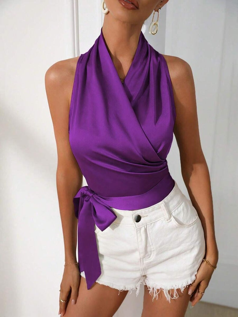 Top Femme - Dos Nu Élégant - Style Cache-Cœur - Satiné Effet Soie - Taille Ajustable