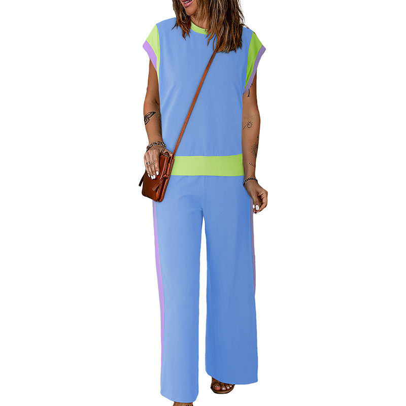 Ensemble Femme – Tissu Léger – Haut Manches 3/4 – Pantalon Évasé 7/8 – Détail Contraste