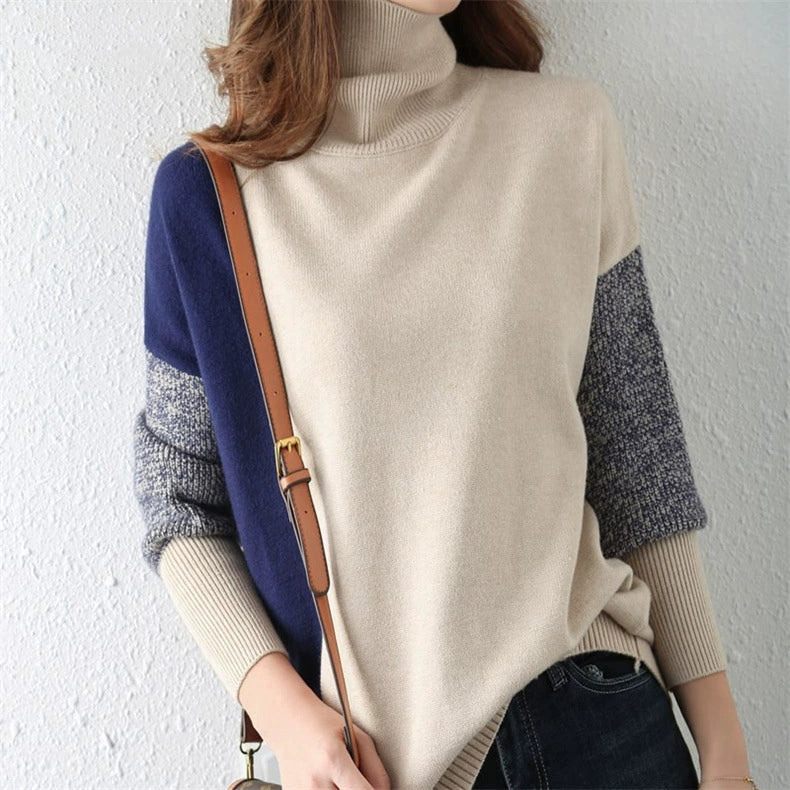 Pull femme – Coupe ample – Col montant – Maille douce – Détails côtelés