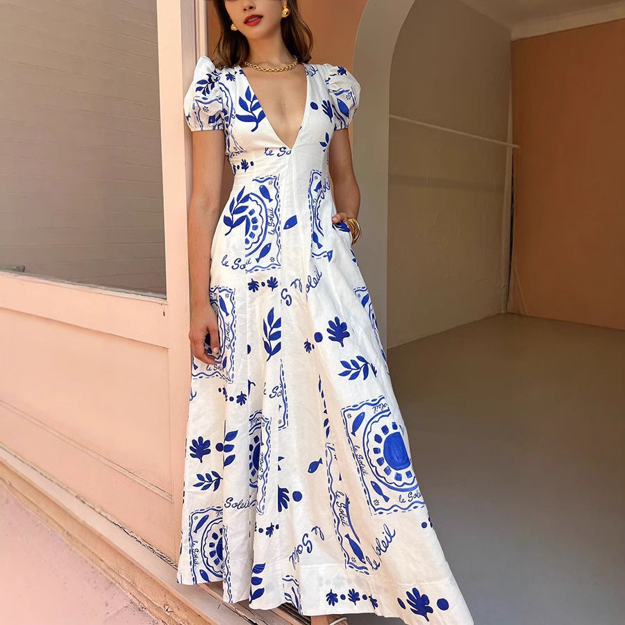 Robe longue femme – Décolleté en V – Manches bouffantes – Coupe fluide – Tissu léger