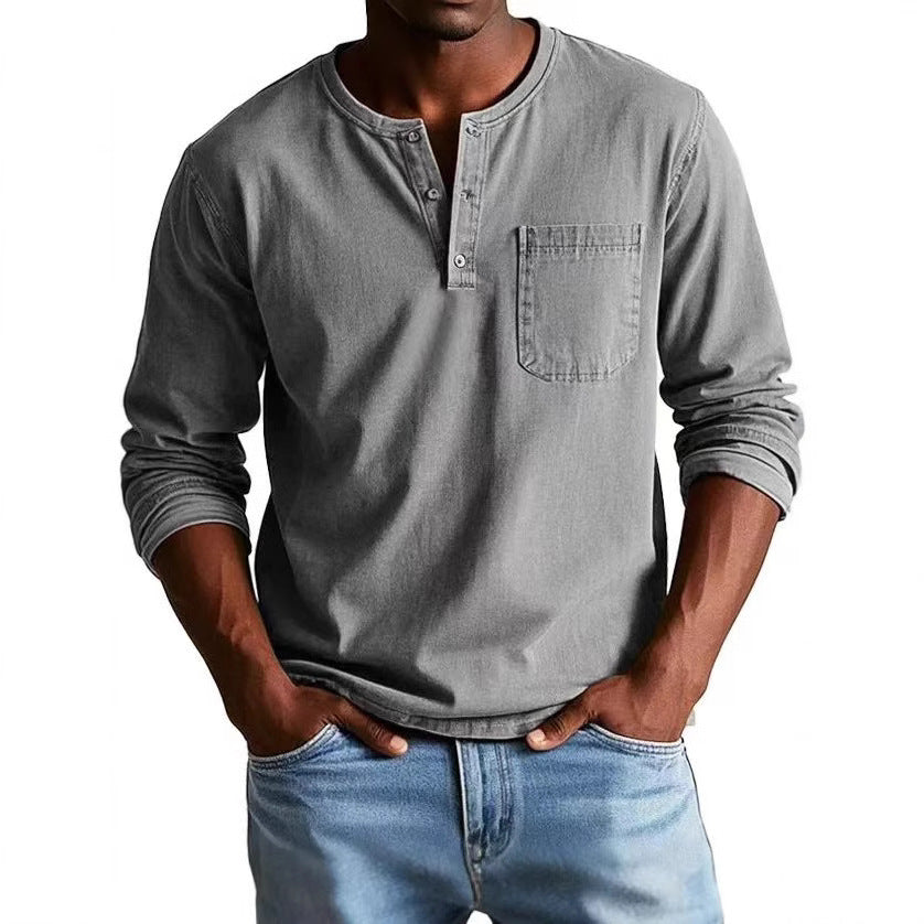 T-shirt manches longues homme – Coupe slim – Tissu respirant – Col boutonné avec poche