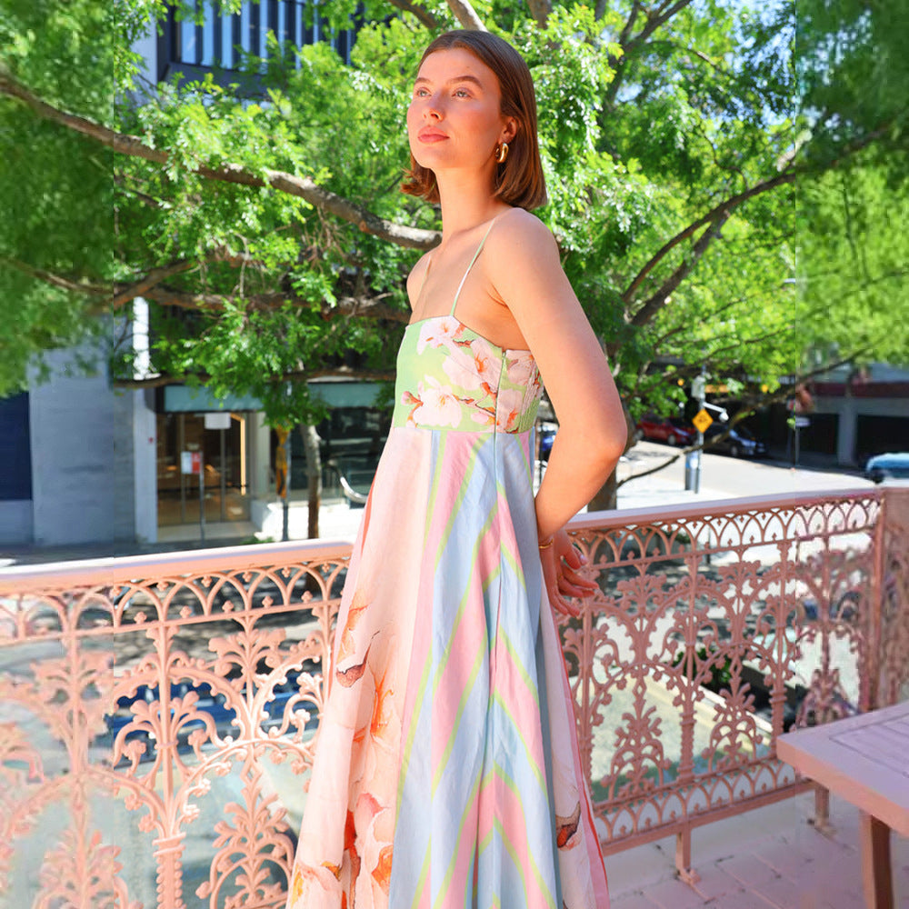 Robe longue femme – Coupe fluide – Bretelles fines – Motif graffiti floral coton