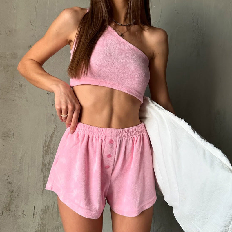 Ensemble femme – Haut court asymétrique – Tissu doux – Short taille élastique