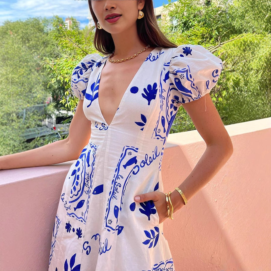 Robe longue femme – Décolleté en V – Manches bouffantes – Coupe fluide – Tissu léger