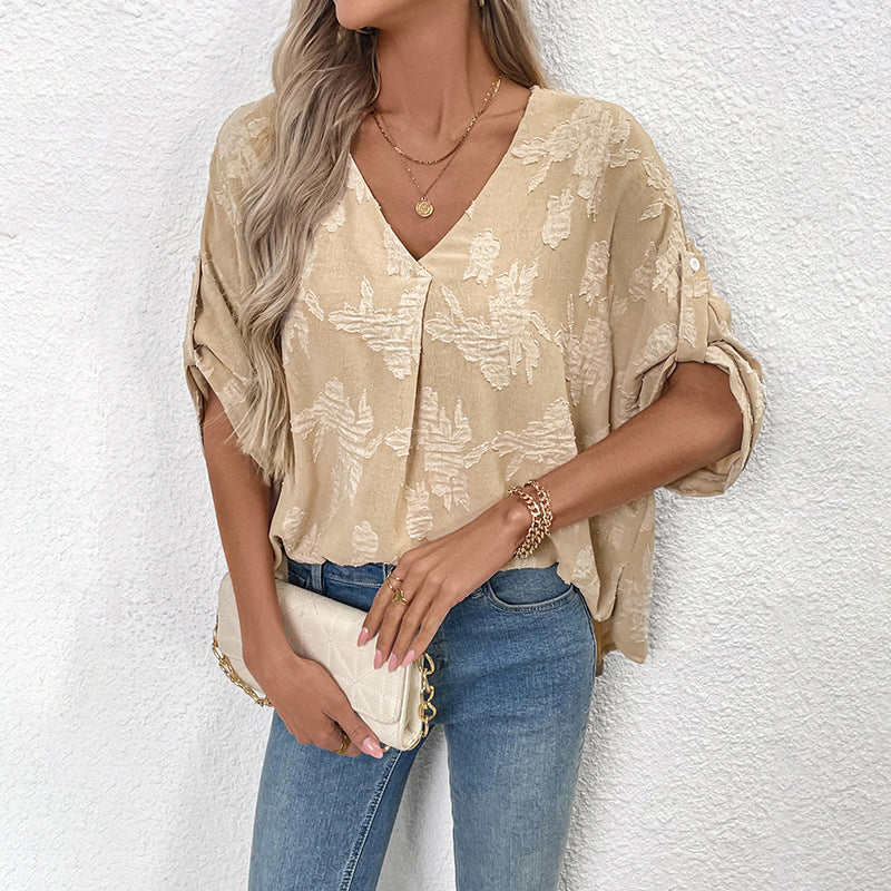 Blouse femme – Coupe ample – Détail lacé – Tissu respirant – Manches retroussées