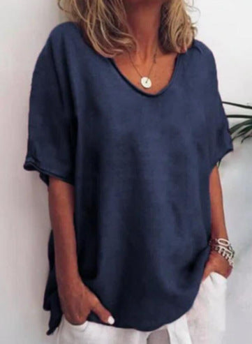 T-shirt femme – Coupe décontractée – En coton et lin – Col V – Manches courtes