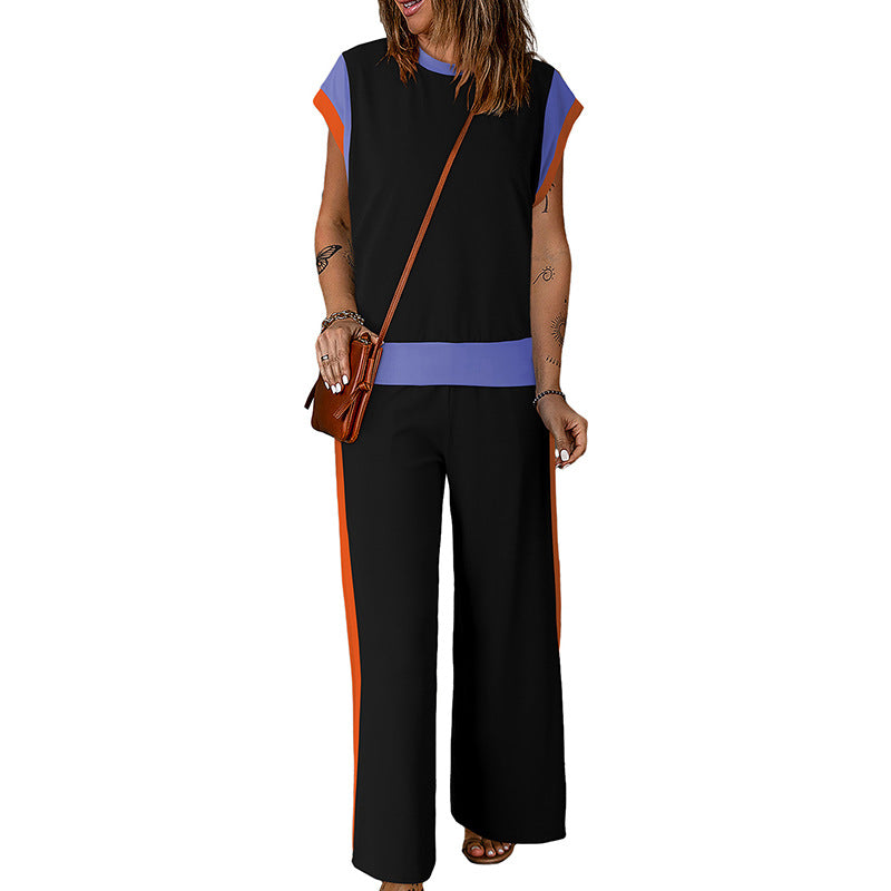 Ensemble Femme – Tissu Léger – Haut Manches 3/4 – Pantalon Évasé 7/8 – Détail Contraste