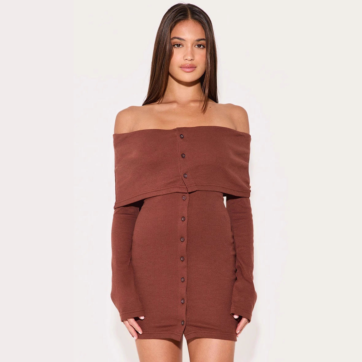 Robe mini femme – Épaules dénudées – Coupe slim – Maille côtelée – Manches longues