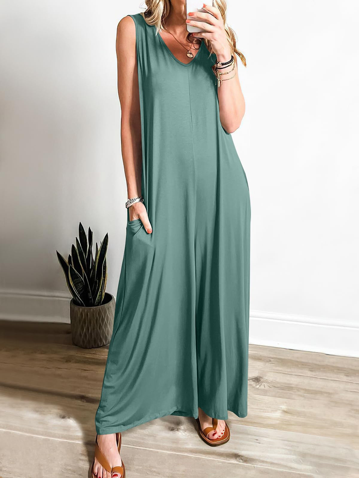 Robe longue femme – Sans manches – Décolleté en V – Coupe fluide – Maille douce avec poches