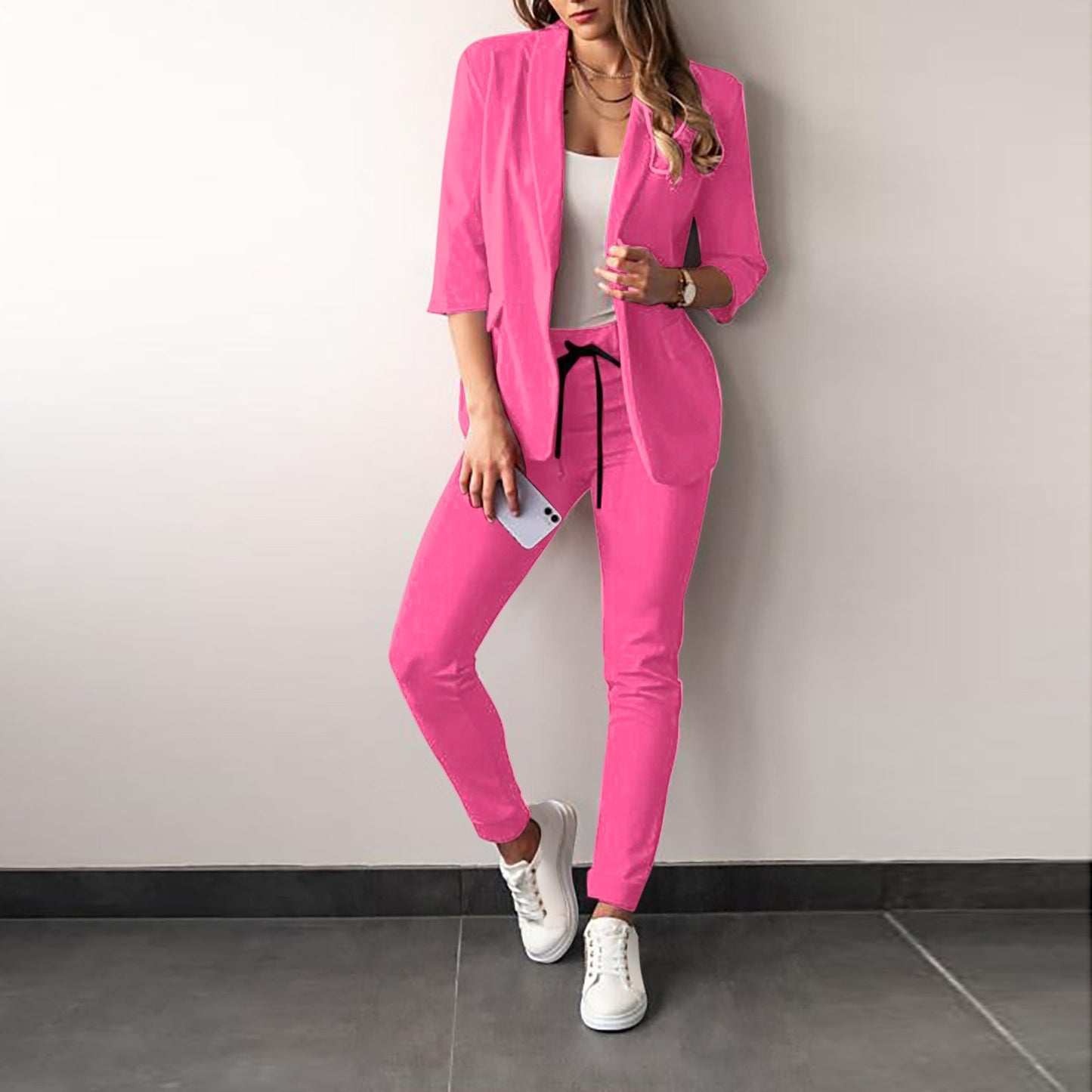 Ensemble Femme 2 Pièces – Blazer Cintré – Tissu Stretch – Manches Trois-Quarts – Coupe Structurée
