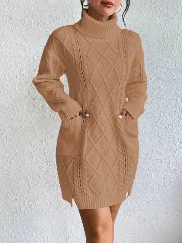 Robe pull femme – Coupe slim – Tricot torsadé – Col haut – Manches longues
