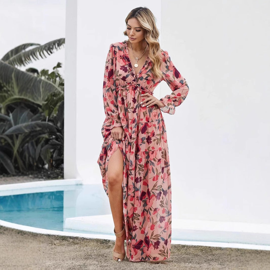 Robe longue femme – Chiffon léger – Imprimé fleuri – Col V – Manches longues