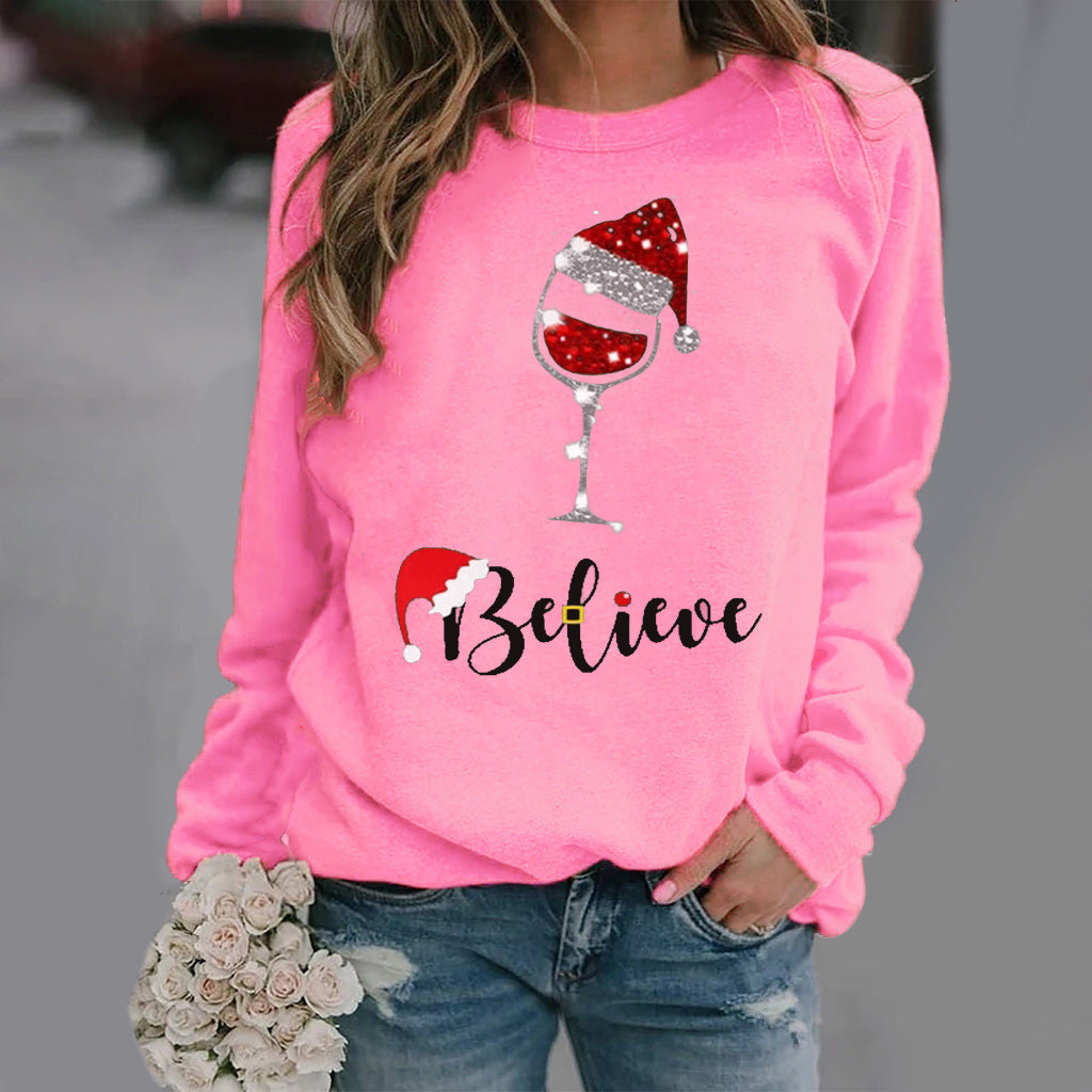 Sweatshirt femme – Coupe décontractée – Coton doux – Col rond – Manches longues imprimé festif