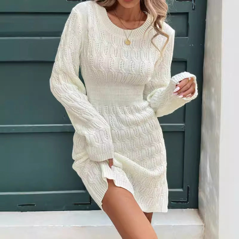 Robe pull femme – Coupe ajustée – Maille torsadée – Manches longues – Taille côtelée