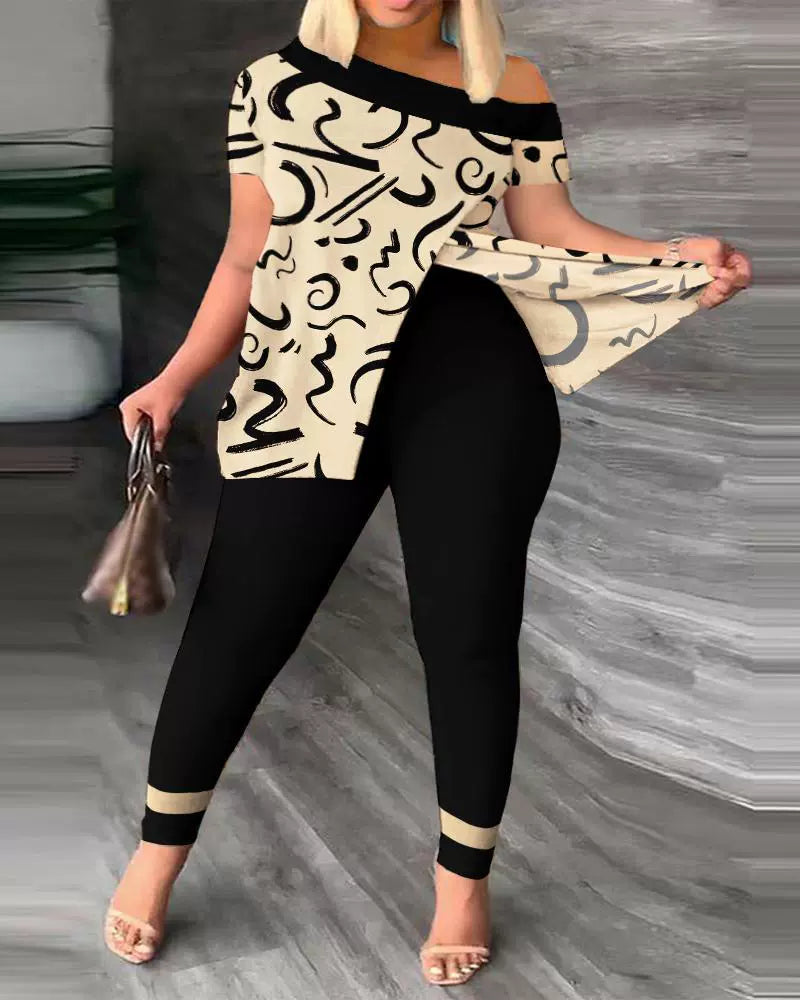 Ensemble Femme – Top Épaule Dénudée Détente – Pantalon Ajusté à Motifs – Tissu Léger