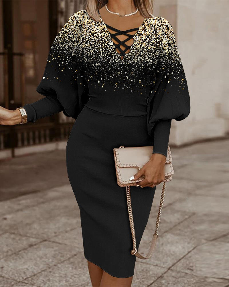 Robe moulante femme – Motif à carreaux – Manches longues – Col en V croisé – Taille cintrée