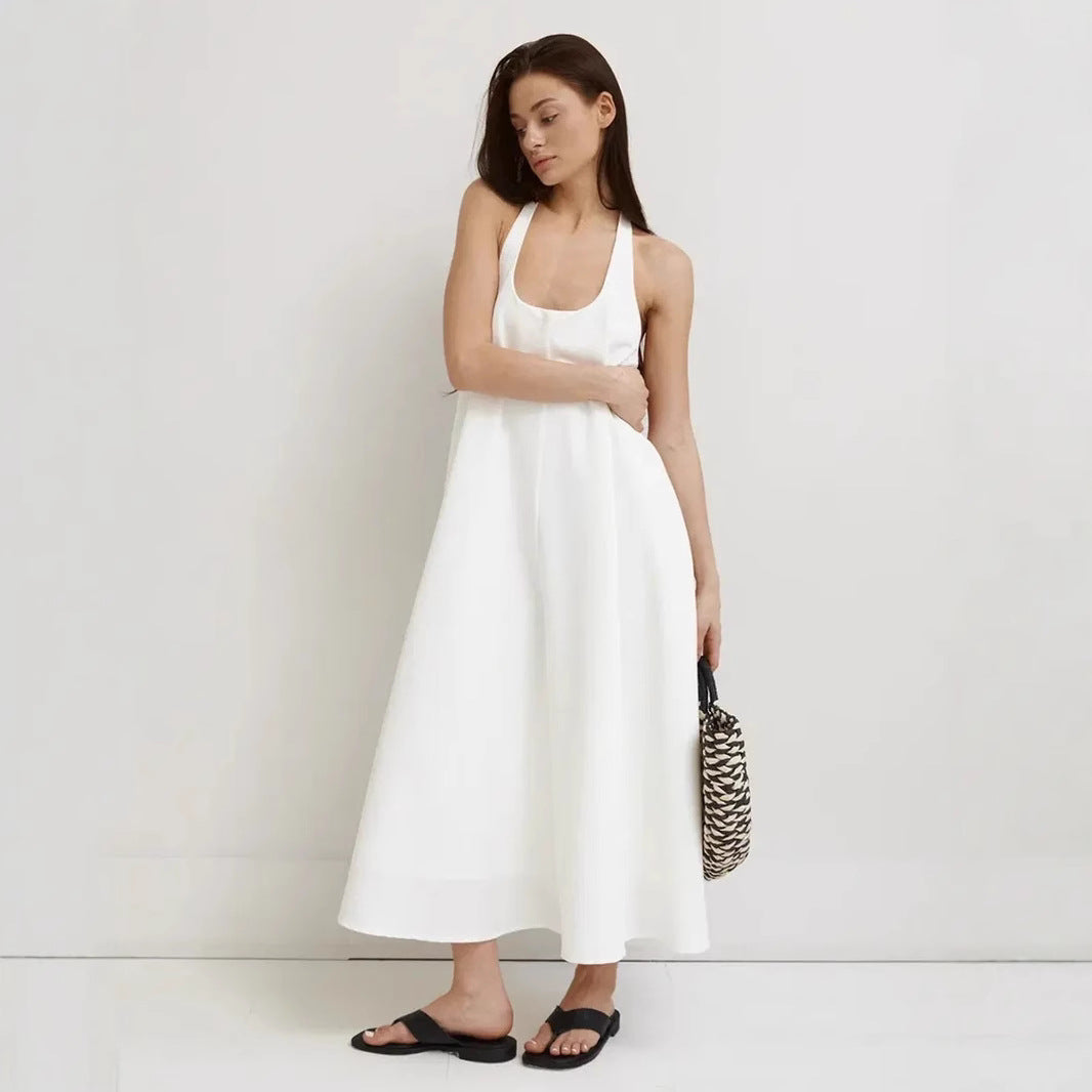 Robe midi sans manches femme – Coupe évasée – Col halter – Tissu léger respirant
