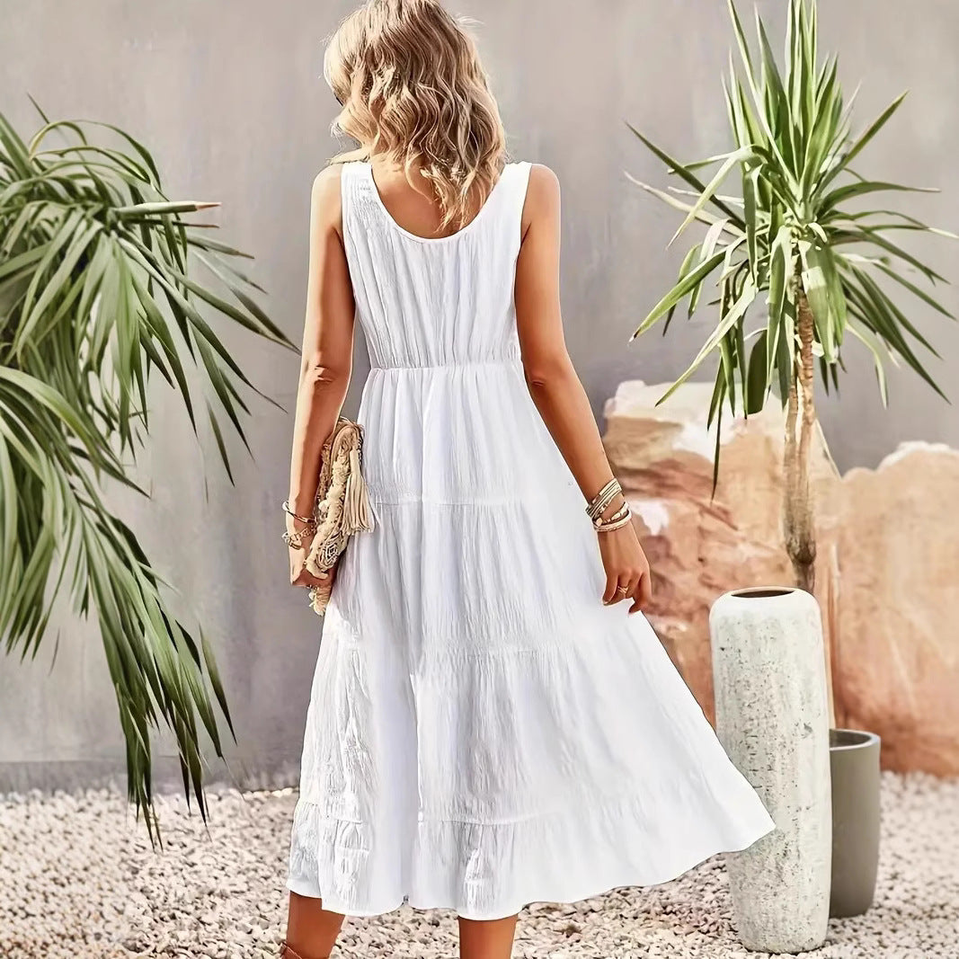 Robe longue femme – Sans manches – Coupe évasée – Coton léger – Jupe à volants – Boutons