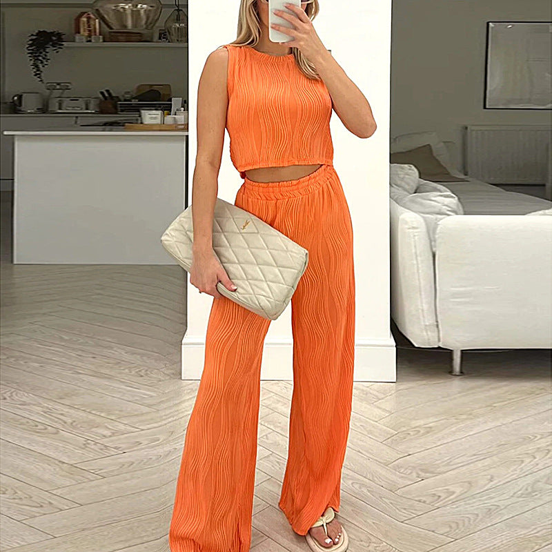 Ensemble Femme Deux Pièces – Top Court Sans Manches Ajusté – Pantalon Taille Haute Coupe Droite