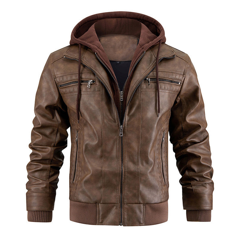 Veste en cuir à capuche pour homme - Fermeture éclair sur le devant - Vêtements d'extérieur décontractés