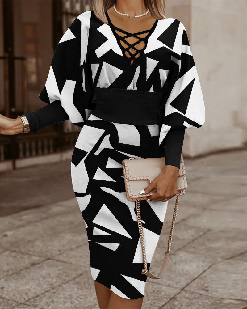 Robe moulante femme – Motif à carreaux – Manches longues – Col en V croisé – Taille cintrée