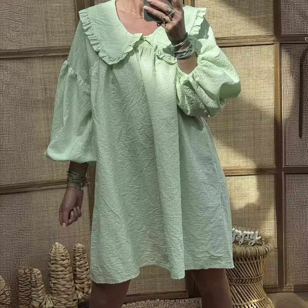 Robe Femme A-Ligne – Coton Léger – Col Claudine Volanté – Manches Bouffantes – Motif Carreaux