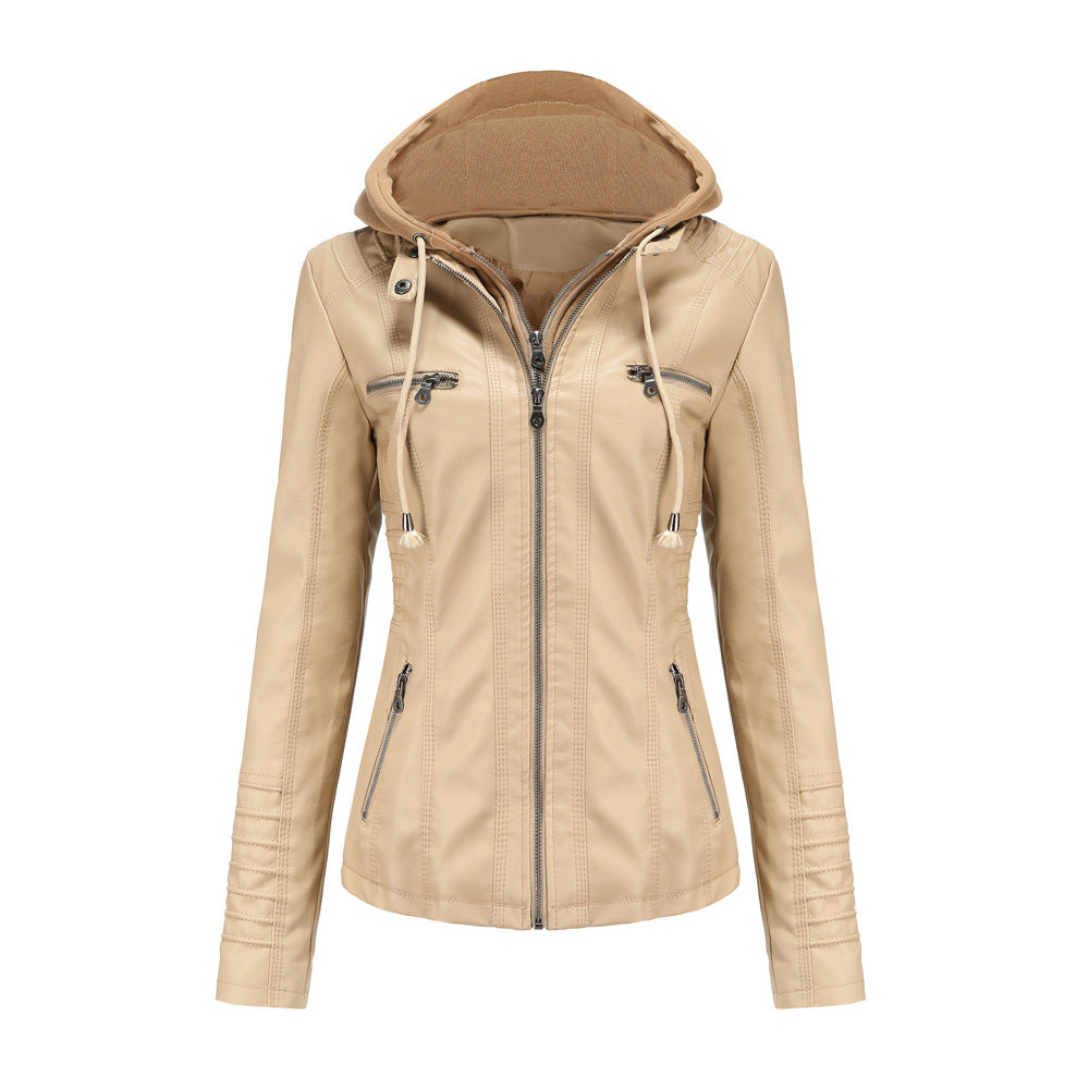 Veste à capuche femme – Simili cuir – Coupe cintrée – Capuche amovible – Poches zippées